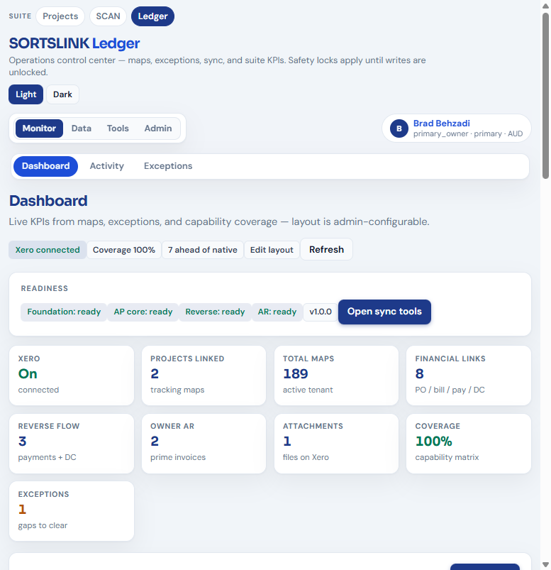 SORTSlink Ledger Procore to Xero mapping screen