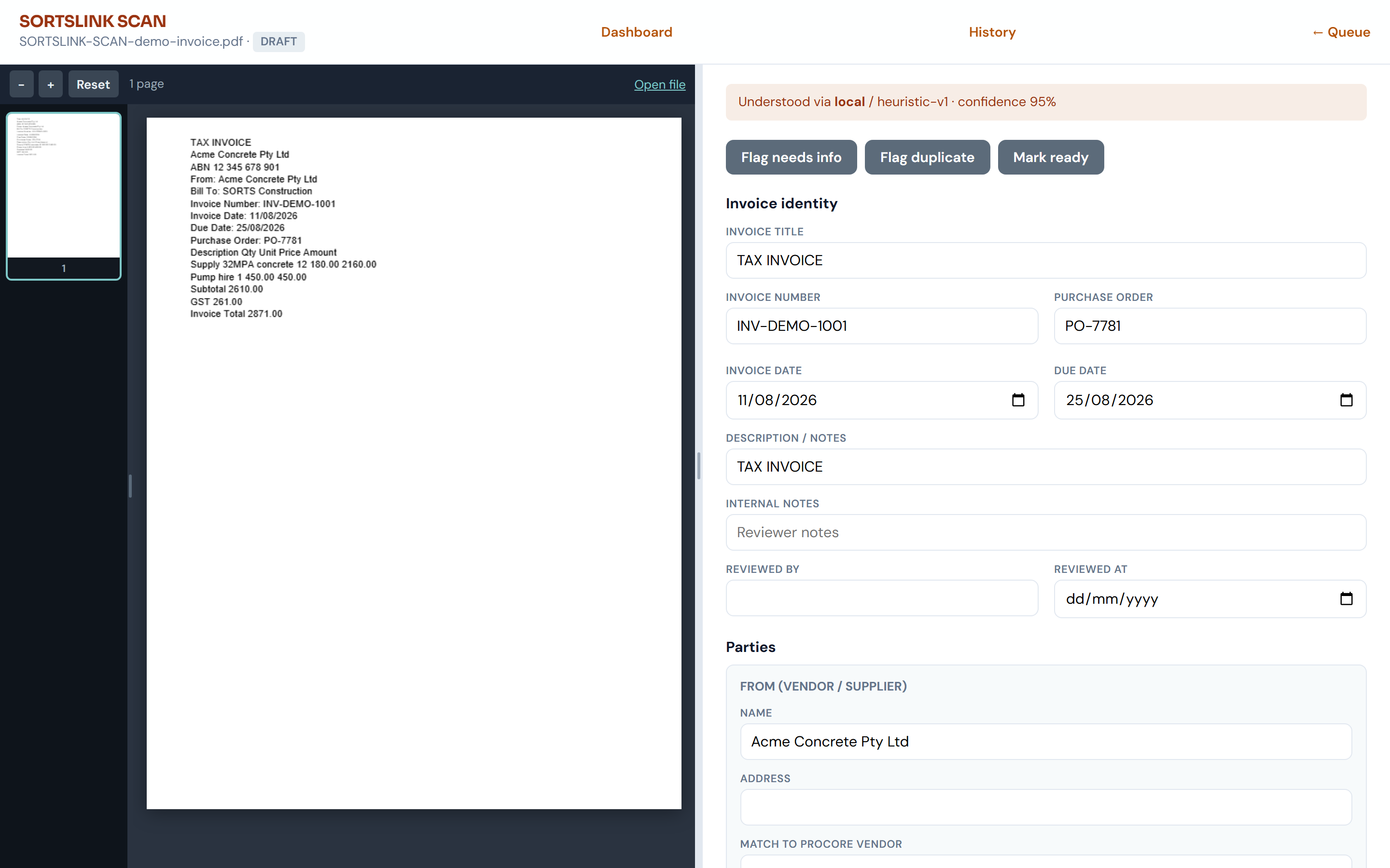 SORTSlink Scan invoice review interface